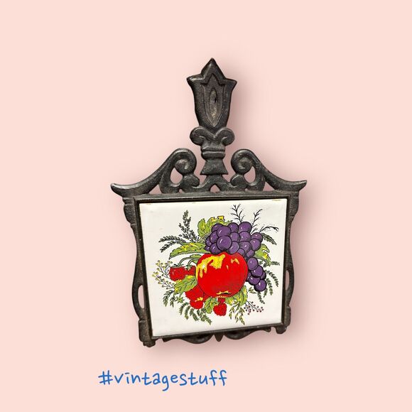 Vintage Seven Star Cast Iron Footed Tile Trivet Apple Grapes Strawberry Design - Picture 1 of 5